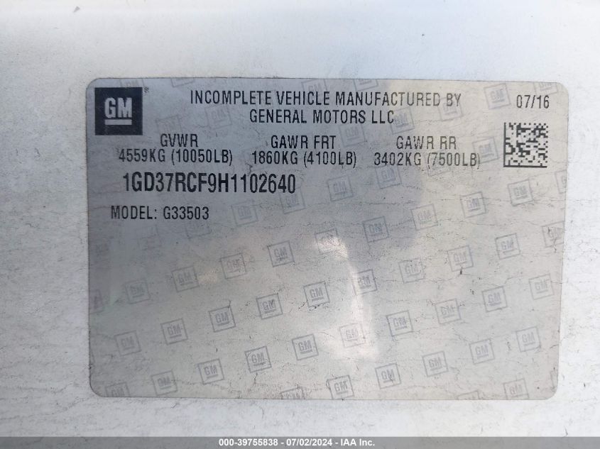 2017 GMC Savana Cutaway G3500 VIN: 1GD37RCF9H1102640 Lot: 39755838