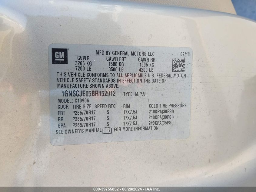 2011 Chevrolet Suburban 1500 Lt1 VIN: 1GNSCJE05BR152912 Lot: 39755852