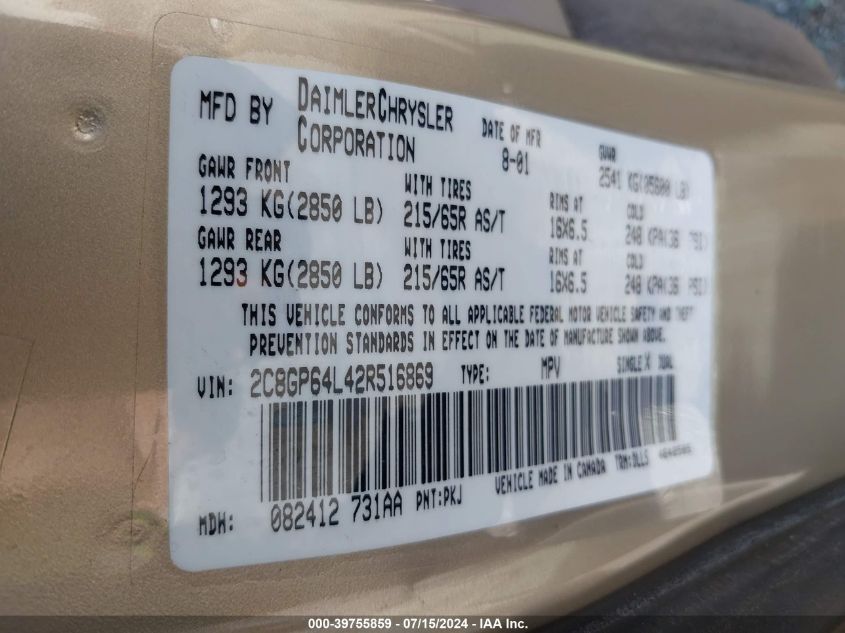 2002 Chrysler Town & Country Limited VIN: 2C8GP64L42R516869 Lot: 39755859