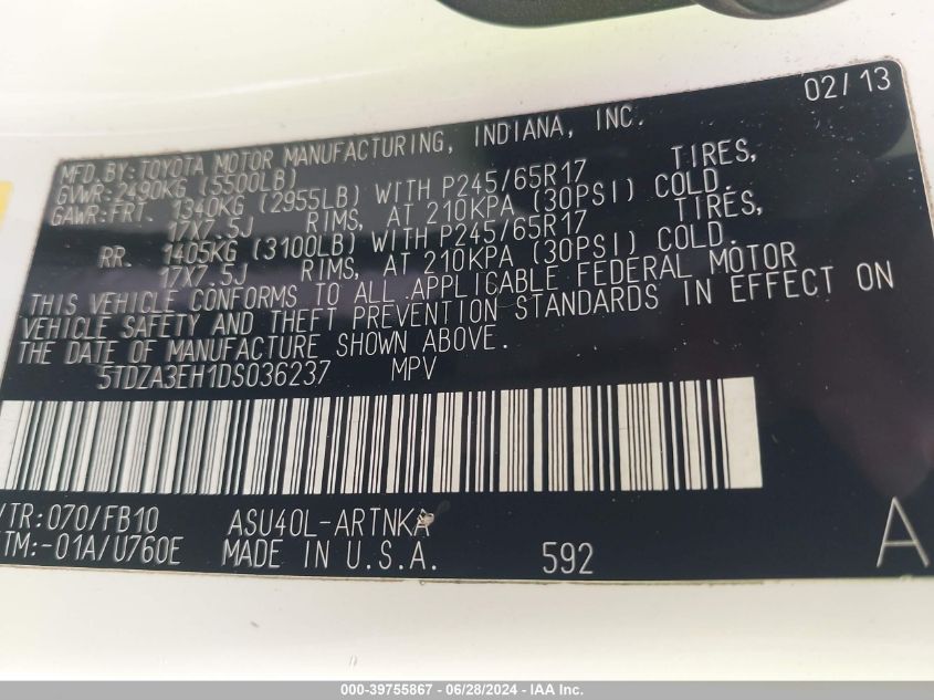 2013 Toyota Highlander VIN: 5TDZA3EH1DS036237 Lot: 39755867