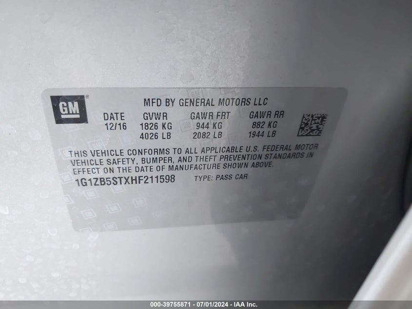 2017 Chevrolet Malibu Ls VIN: 1G1ZB5STXHF211598 Lot: 39755871