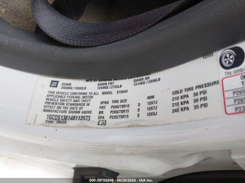 2004 Chevrolet Colorado VIN: 1GCDS136148112573 Lot: 39755886