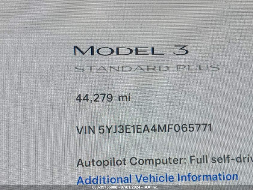 2021 Tesla Model 3 Standard Range Plus Rear-Wheel Drive VIN: 5YJ3E1EA4MF065771 Lot: 39755888