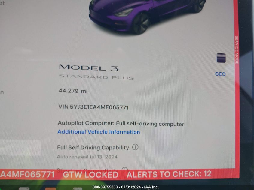 2021 Tesla Model 3 Standard Range Plus Rear-Wheel Drive VIN: 5YJ3E1EA4MF065771 Lot: 39755888