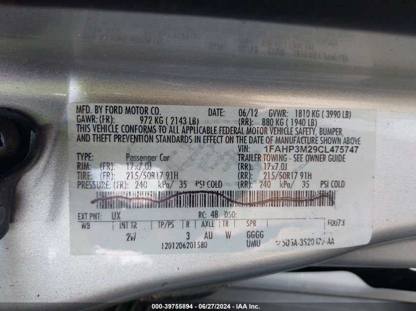 2012 Ford Focus Sel VIN: 1FAHP3M29CL475747 Lot: 39755894