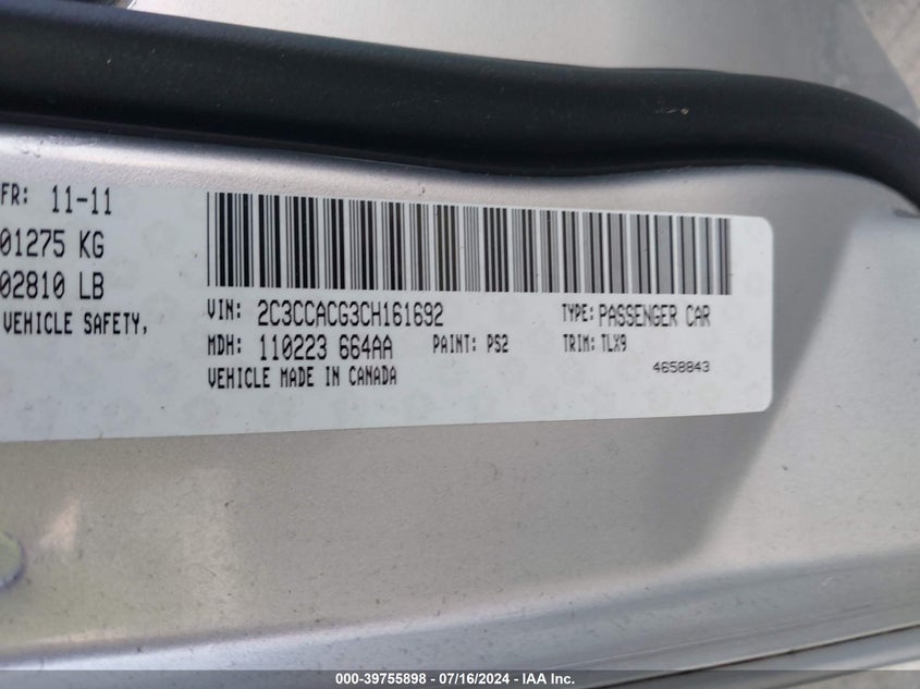 2012 Chrysler 300 Limited VIN: 2C3CCACG3CH161692 Lot: 39755898