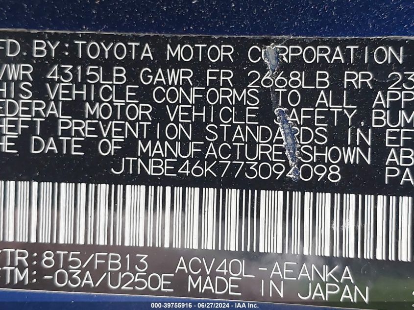 JTNBE46K773094098 | 2007 TOYOTA CAMRY