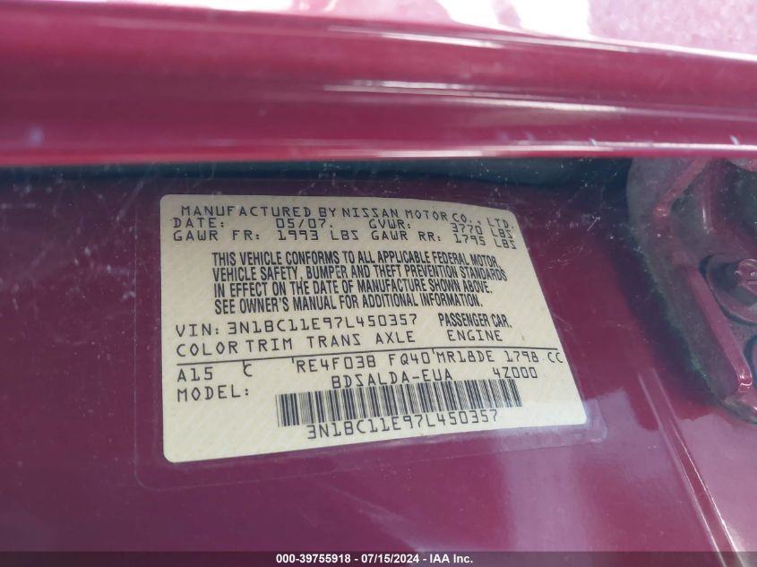 2007 Nissan Versa 1.8S VIN: 3N1BC11E97L450357 Lot: 39755918