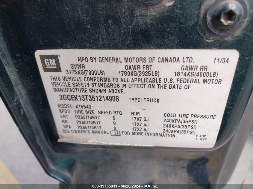 2005 Chevrolet Silverado 1500 Z71 VIN: 2GCEK13T351214908 Lot: 39755931