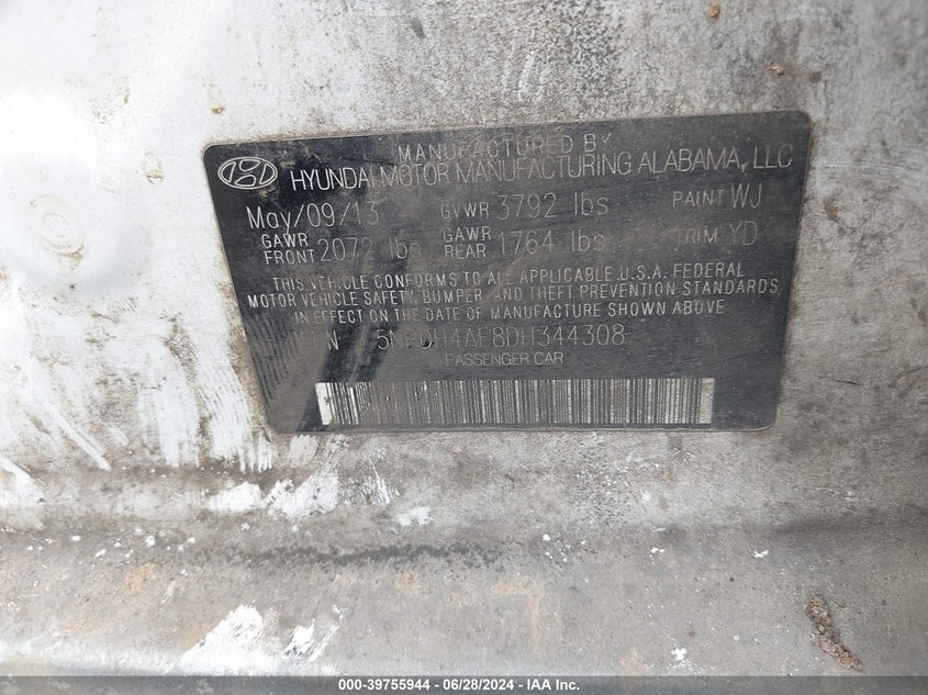 2013 Hyundai Elantra Gls VIN: 5NPDH4AE8DH344308 Lot: 39755944