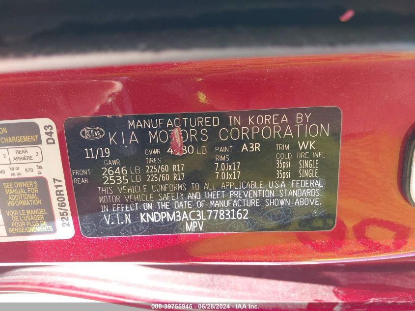 2020 Kia Sportage Lx VIN: KNDPM3AC3L7783162 Lot: 39755945