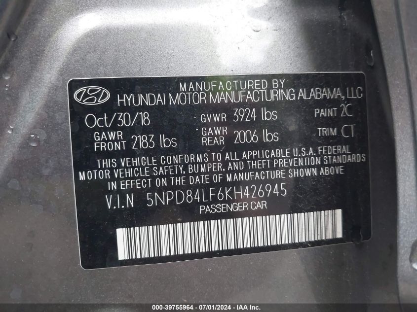 2019 Hyundai Elantra Sel VIN: 5NPD84LF6KH426945 Lot: 39755964