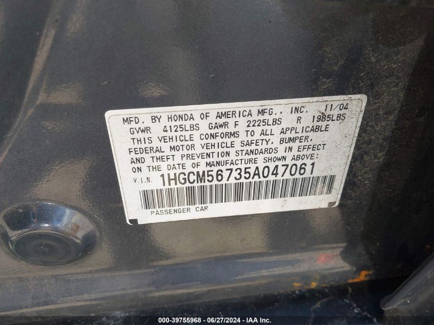 2005 Honda Accord 2.4 Ex VIN: 1HGCM56735A047061 Lot: 39755968
