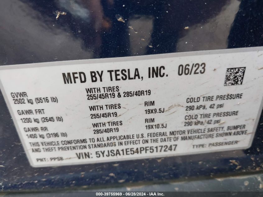 2023 Tesla Model S Dual Motor All-Wheel Drive/Standard Range VIN: 5YJSA1E54PF517247 Lot: 39755969