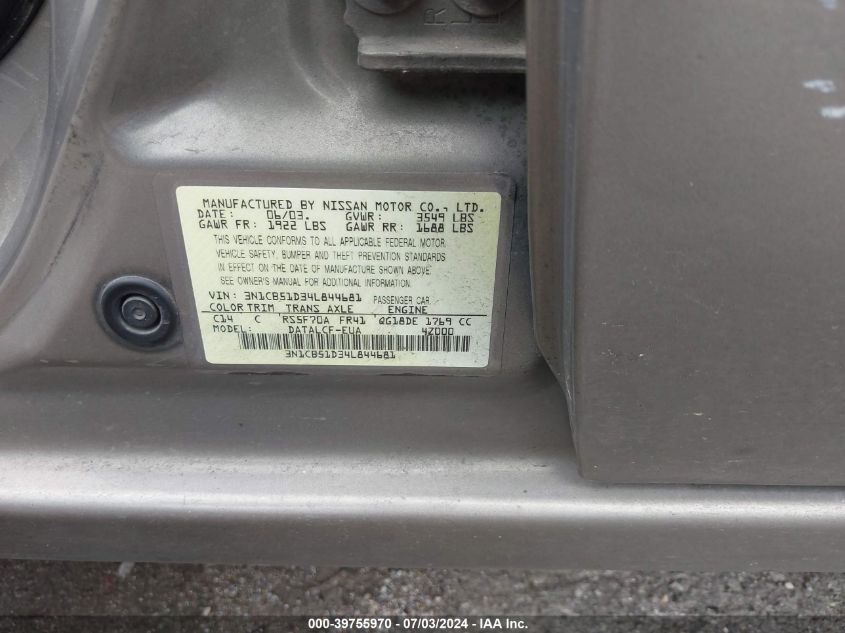2004 Nissan Sentra 1.8 VIN: 3N1CB51D34L844681 Lot: 39755970