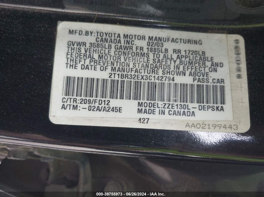 2003 Toyota Corolla S VIN: 2T1BR32EX3C142794 Lot: 39755973