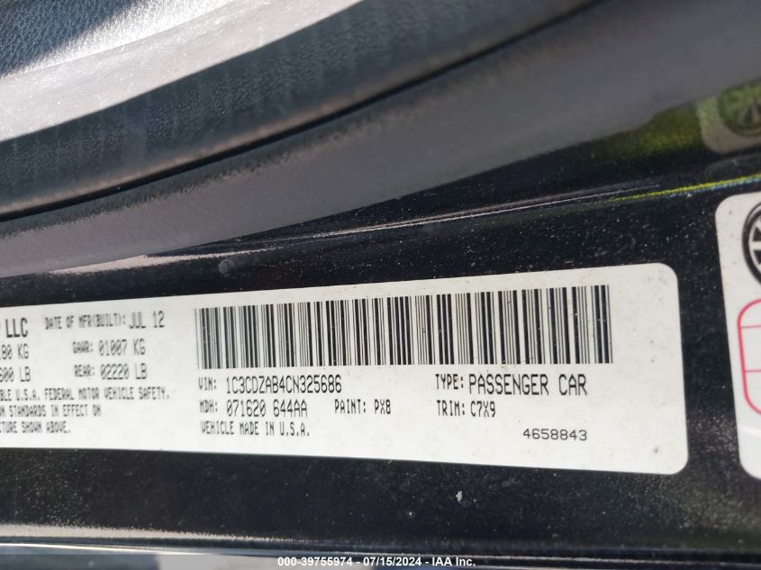 2012 Dodge Avenger Se VIN: 1C3CDZAB4CN325686 Lot: 39755974