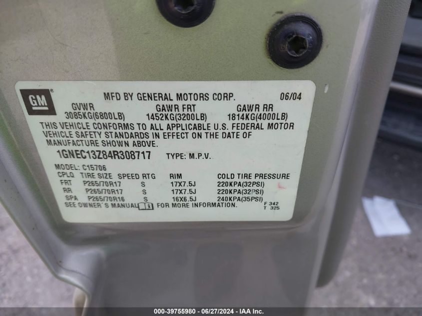 2004 Chevrolet Tahoe C1500 VIN: 1GNEC13Z84R308717 Lot: 39755980