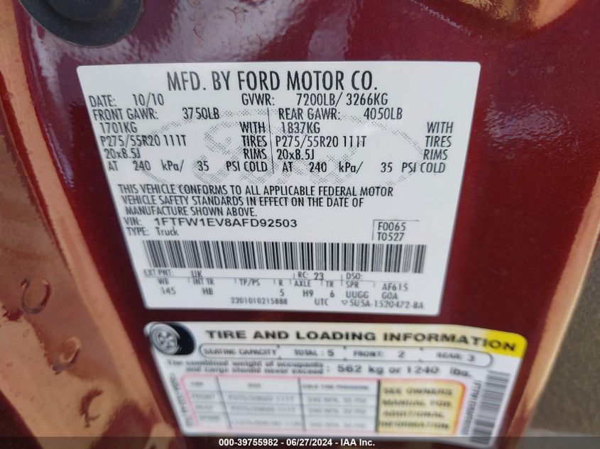 2010 Ford F-150 Fx4/Harley-Davidson/King Ranch/Lariat/Platinum/Xl/Xlt VIN: 1FTFW1EV8AFD92503 Lot: 39755982