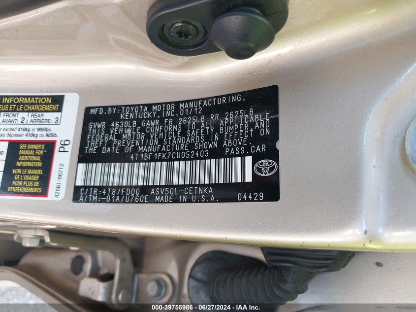 2012 Toyota Camry Se/Le/Xle VIN: 4T1BF1FK7CU052403 Lot: 39755986