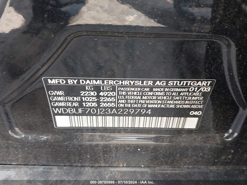 2003 Mercedes-Benz E 500 VIN: WDBUF70J23A229794 Lot: 39755988