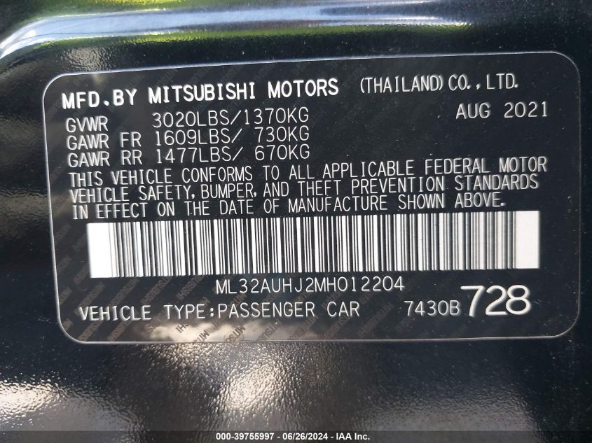 2021 Mitsubishi Mirage Carbonite Edition/Es/Le VIN: ML32AUHJ2MH012204 Lot: 39755997