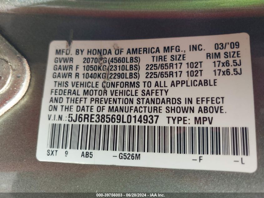 2009 Honda Cr-V Ex VIN: 5J6RE38569L014937 Lot: 39756003