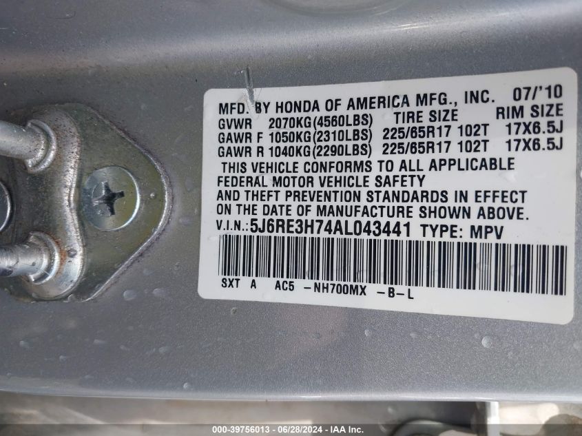 2010 Honda Cr-V Ex-L VIN: 5J6RE3H74AL043441 Lot: 39756013