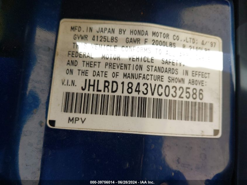 1997 Honda Cr-V VIN: JHLRD1843VC032586 Lot: 39756014