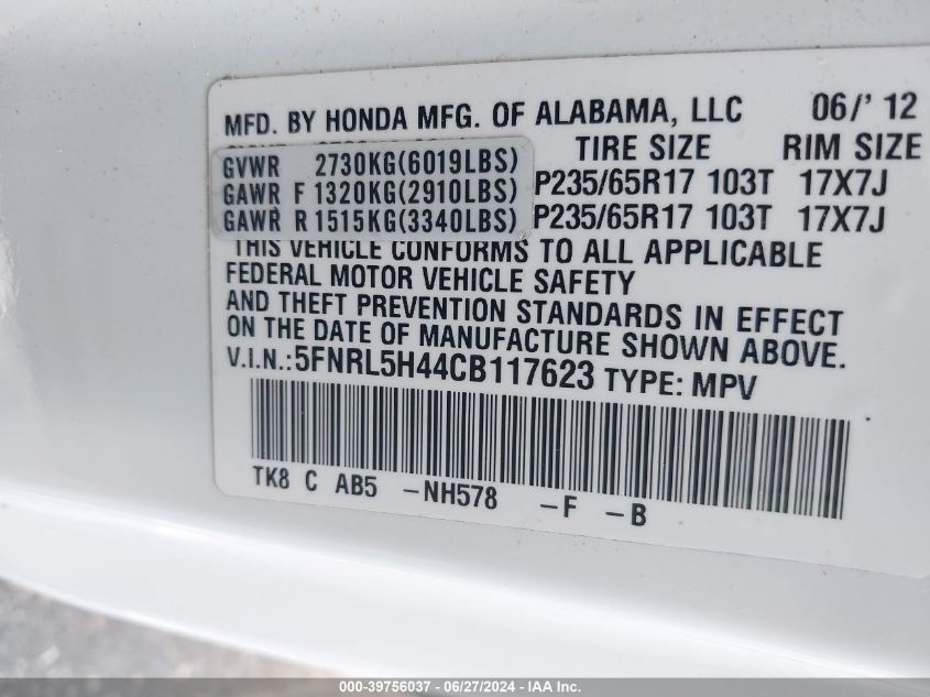 2012 Honda Odyssey Ex VIN: 5FNRL5H44CB117623 Lot: 39756037