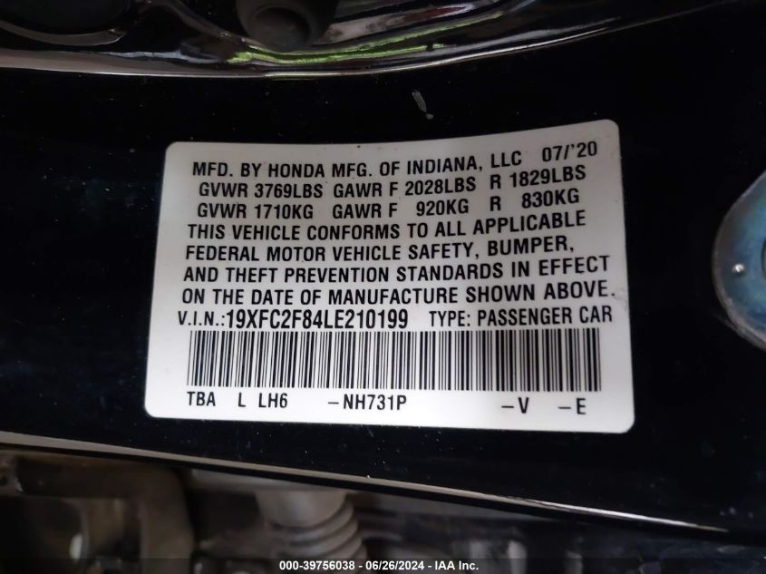 2020 Honda Civic Sport VIN: 19XFC2F84LE210199 Lot: 39756038