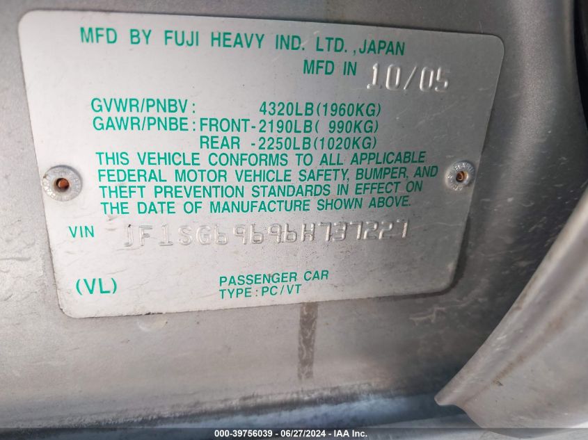 2006 Subaru Forester 2.5Xt Limited VIN: JF1SG69696H737227 Lot: 39756039