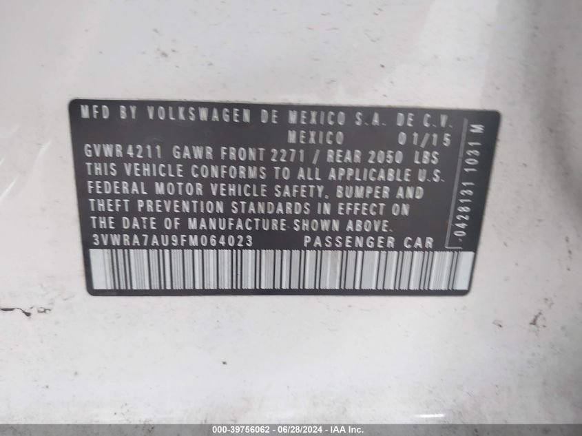 2015 Volkswagen Golf Tdi VIN: 3VWRA7AU9FM064023 Lot: 39756062