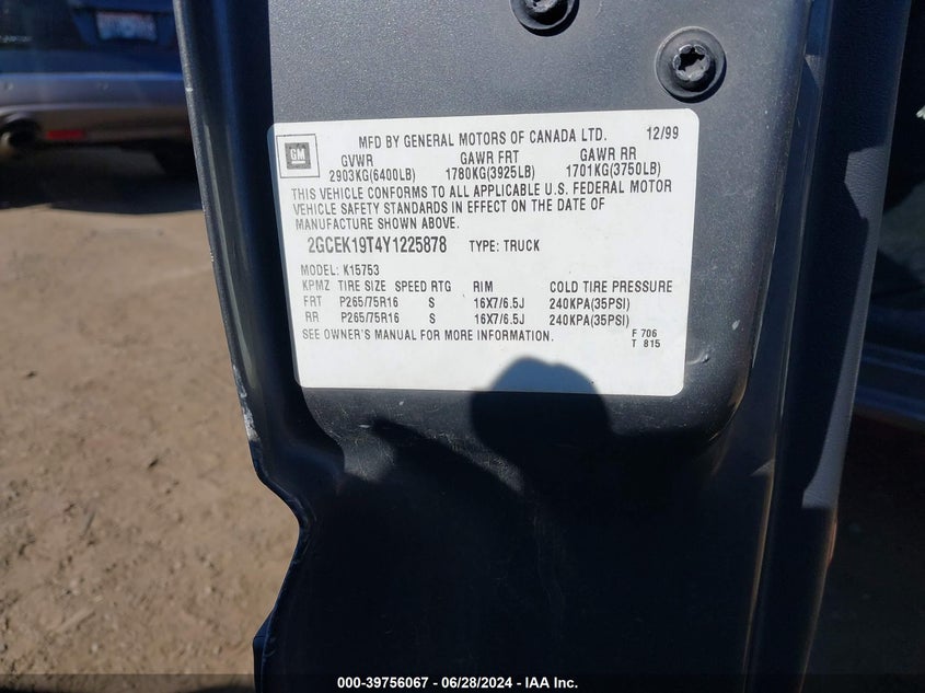 2000 Chevrolet Silverado 1500 Ls VIN: 2GCEK19T4Y1225878 Lot: 39756067