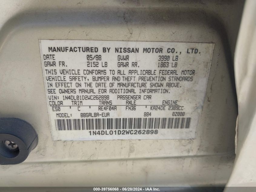 1998 Nissan Altima Gle/Gxe/Se/Xe VIN: 1N4DL01D2WC262898 Lot: 39756068