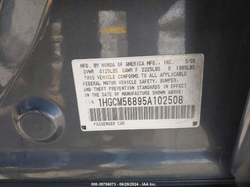 2005 Honda Accord 2.4 Ex VIN: 1HGCM56895A102508 Lot: 39756073