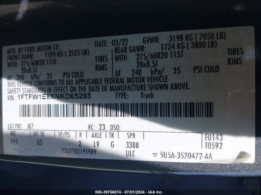 2022 Ford F-150 Xlt VIN: 1FTFW1E8XNKD65293 Lot: 39756074