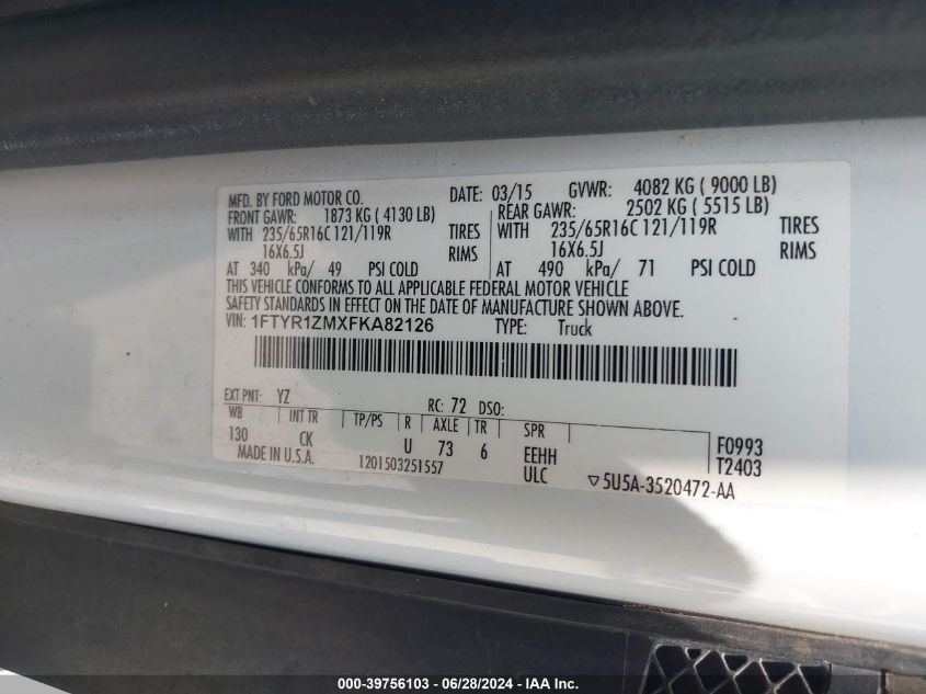 2015 Ford Transit-250 VIN: 1FTYR1ZMXFKA82126 Lot: 39756103