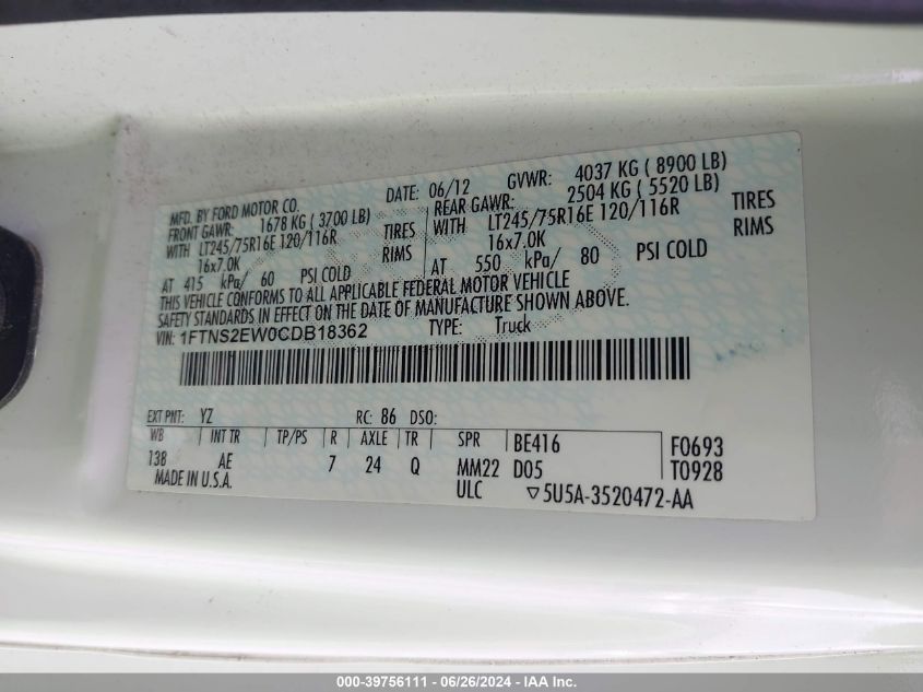 2012 Ford E-250 Commercial VIN: 1FTNS2EW0CDB18362 Lot: 39756111