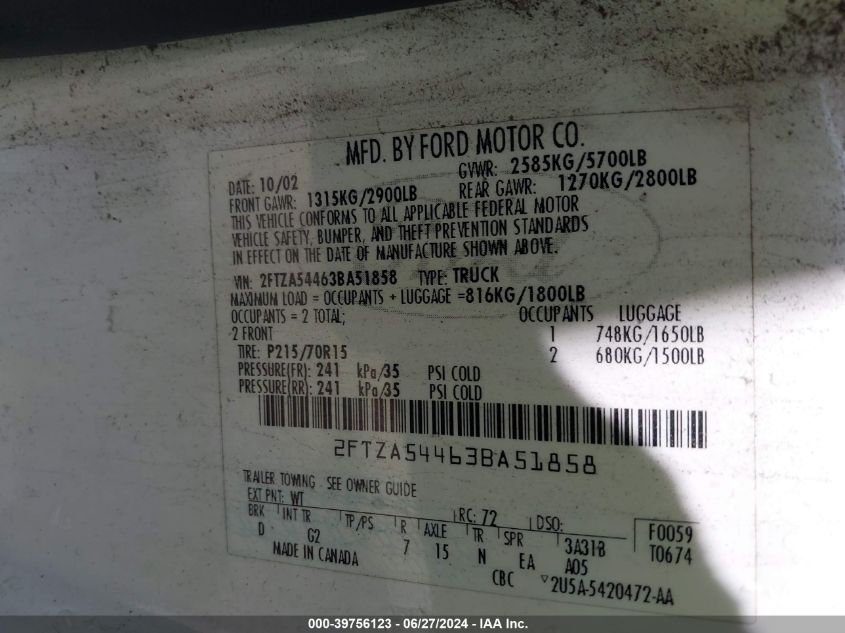 2003 Ford Windstar VIN: 2FTZA54463BA51858 Lot: 39756123