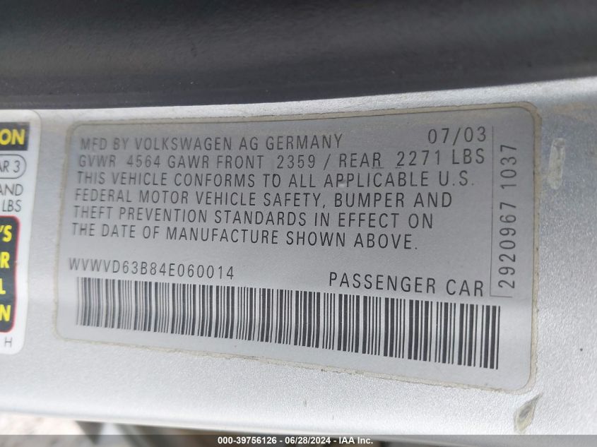 2004 Volkswagen Passat Gls VIN: WVWVD63B84E060014 Lot: 39756126