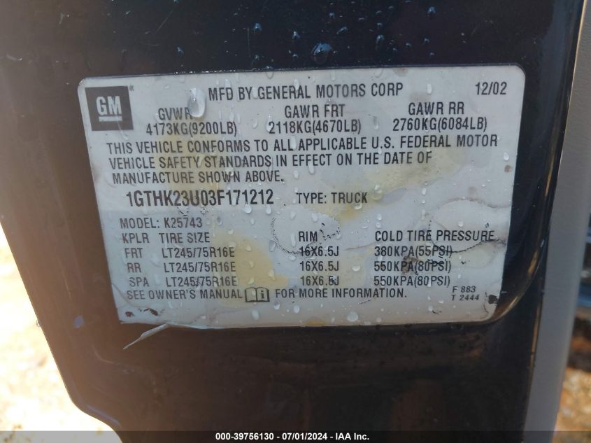 2003 GMC Sierra 2500Hd Slt VIN: 1GTHK23U03F171212 Lot: 39756130