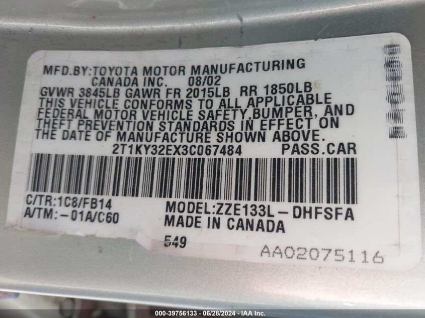 2003 Toyota Matrix Xrs VIN: 2T1KY32EX3C067484 Lot: 39756133