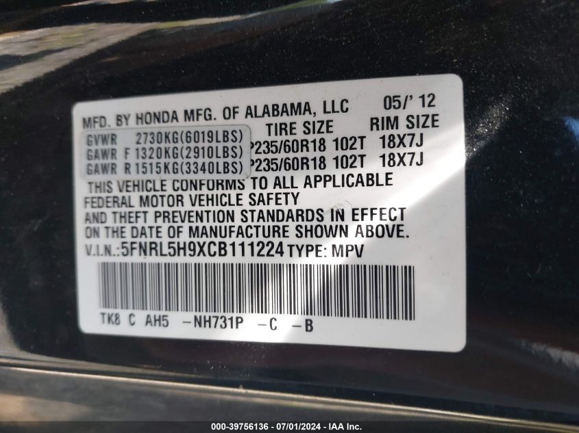 2012 Honda Odyssey Touring/Touring Elite VIN: 5FNRL5H9XCB111224 Lot: 39756136