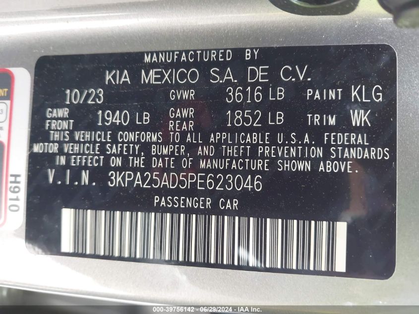 2023 Kia Rio 5-Door S VIN: 3KPA25AD5PE623046 Lot: 39756142