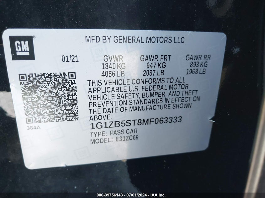 2021 Chevrolet Malibu Fwd Ls VIN: 1G1ZB5ST8MF063333 Lot: 39756143