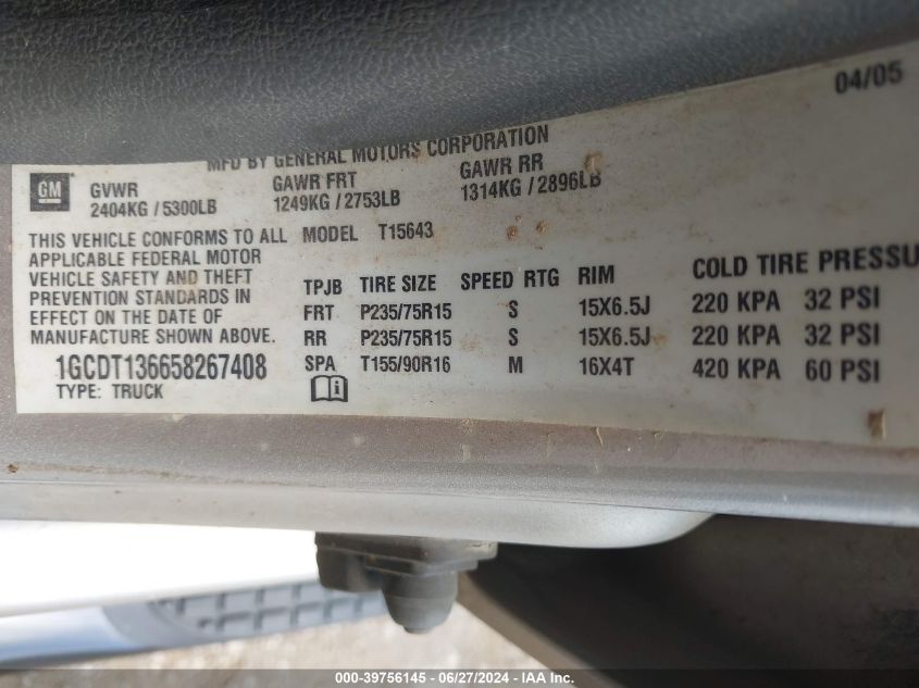 2005 Chevrolet Colorado Ls VIN: 1GCDT136658267408 Lot: 39756145