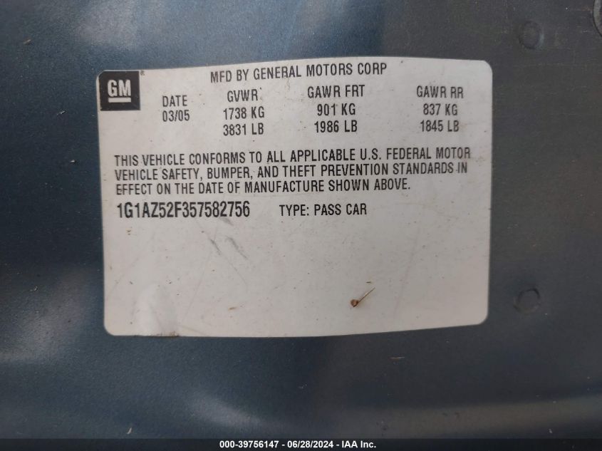 2005 Chevrolet Cobalt Lt VIN: 1G1AZ52F357582756 Lot: 39756147
