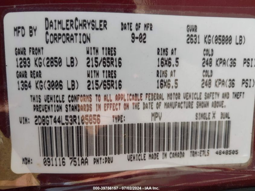 2003 Dodge Grand Caravan Sport VIN: 2D8GT44L53R105856 Lot: 39756157