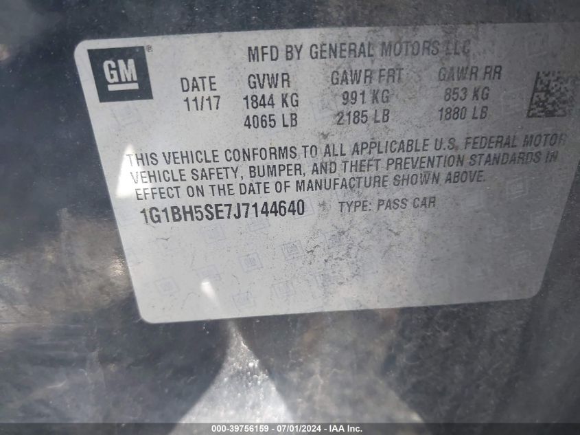 2018 Chevrolet Cruze Lt Auto VIN: 1G1BH5SE7J7144640 Lot: 39756159